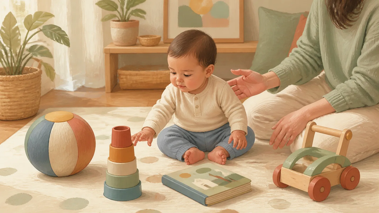 A one-year-old chooses among stacking cups, a large ball, a board book, and a sturdy push toy with an adult nearby