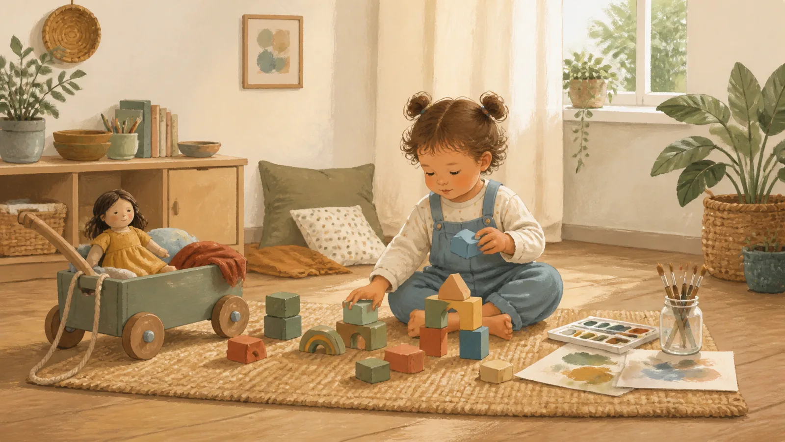 A two-year-old plays with chunky blocks, art materials, a doll, and a sturdy push wagon in a calm room