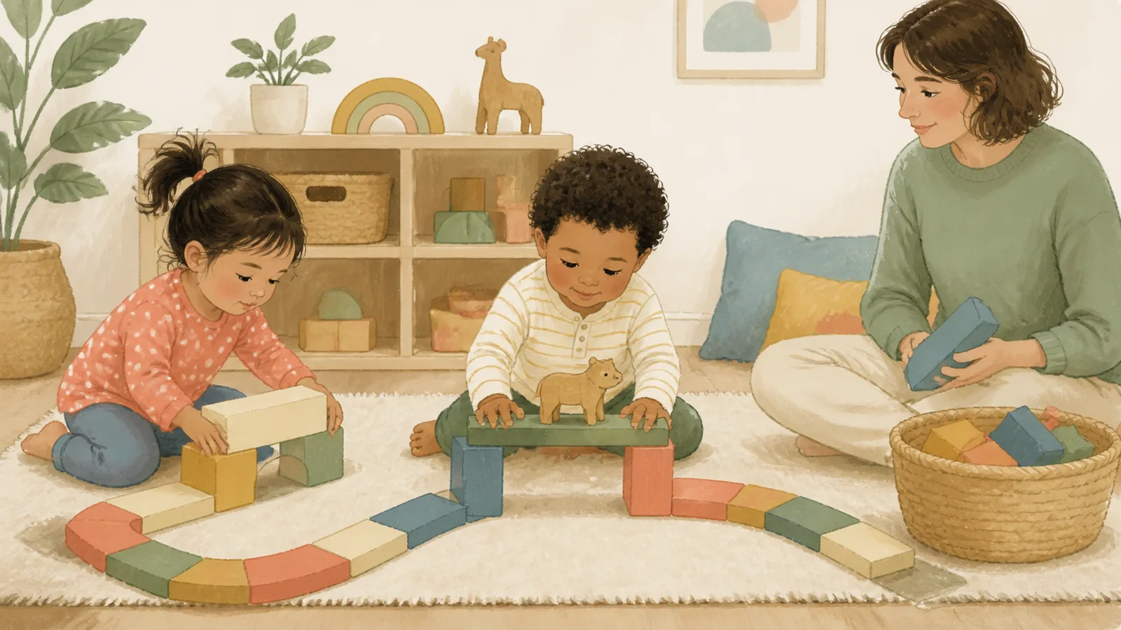 Two toddlers make a block road and short bridge for an animal while an adult watches without directing