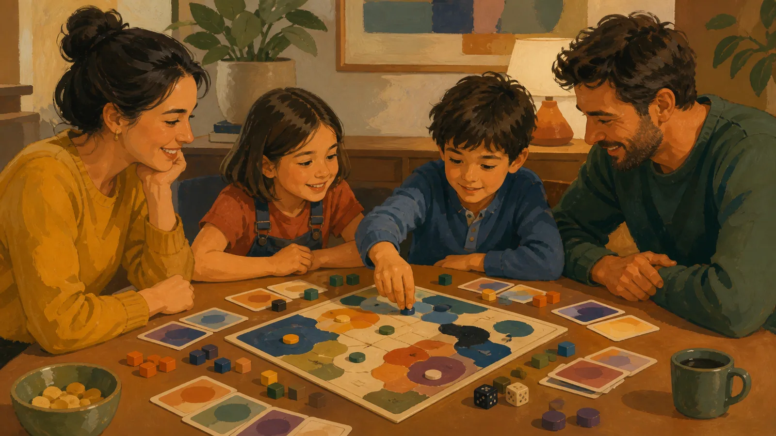 A family with older children plays an unbranded tabletop game with cards, dice, tokens, and shared decisions