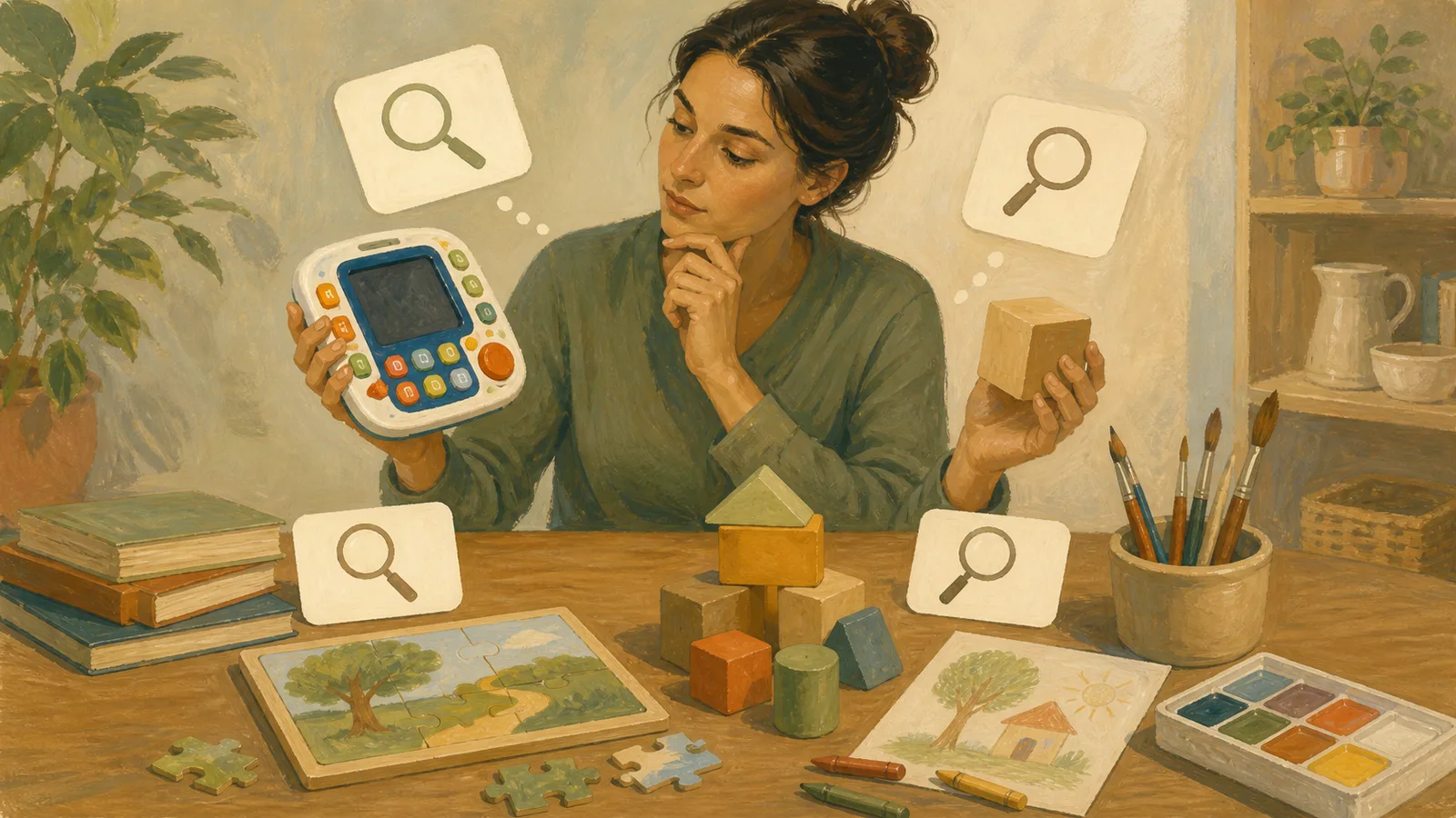 A caregiver compares a flashy electronic toy with blocks, a puzzle, books, and art materials