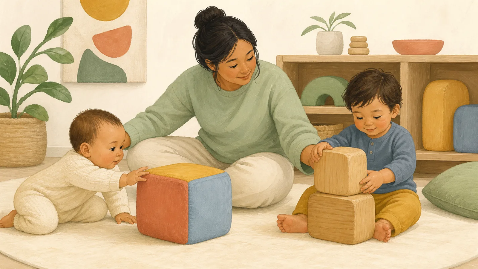 A caregiver supervises a baby exploring an oversized soft block and a toddler stacking two large rounded wooden blocks