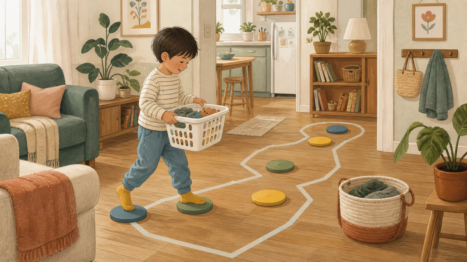A preschooler follows a floor pathway with stepping markers and a basket delivery game in a compact apartment