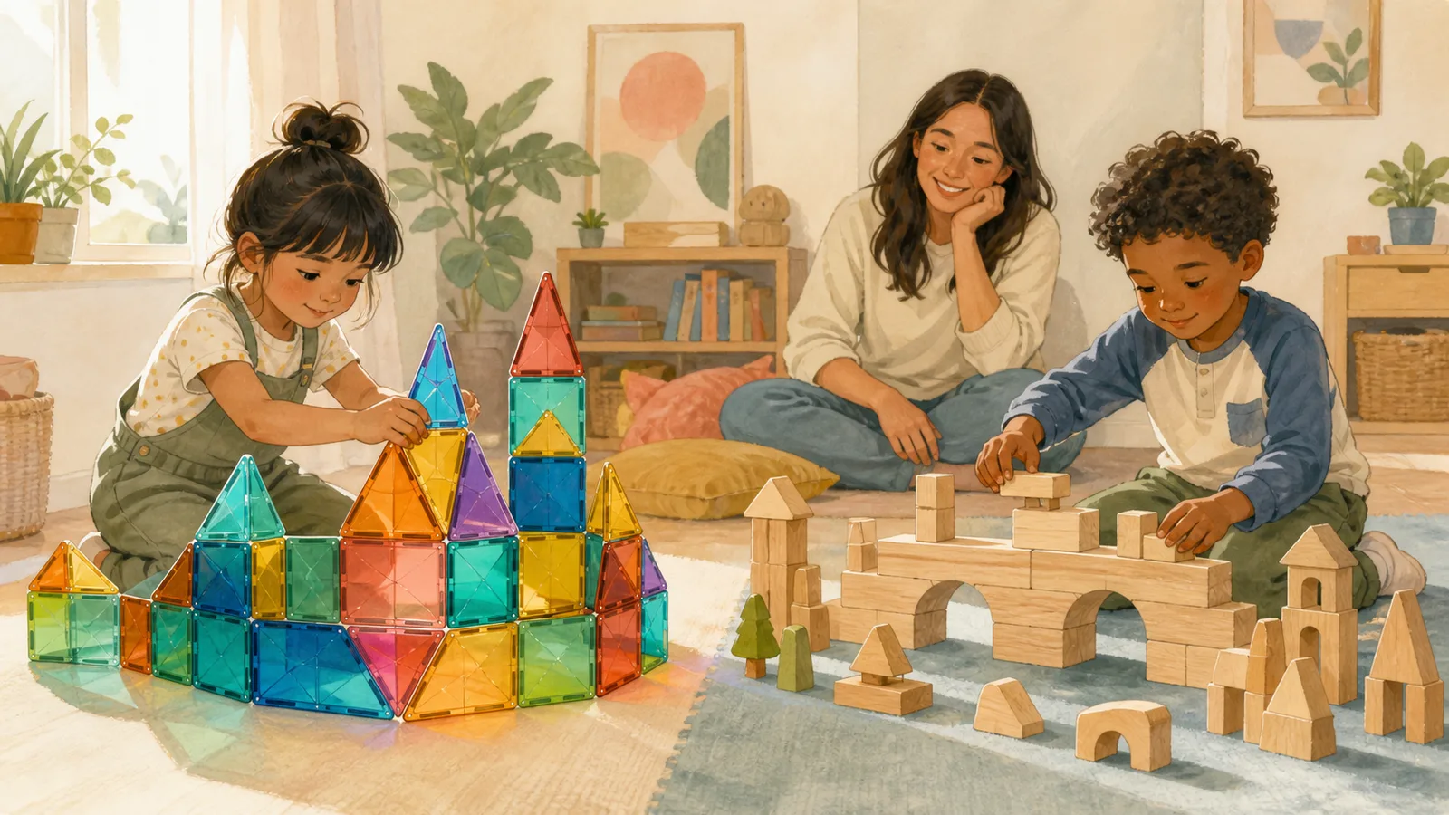 Two children build a translucent magnetic-tile form and a solid wooden block bridge in the same playroom