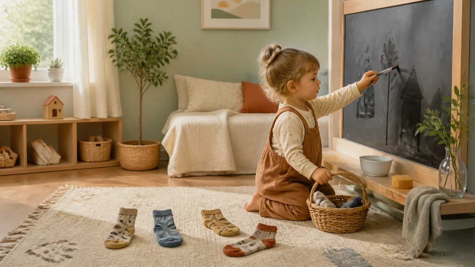 A two-year-old matches socks and uses a water brush on a dark board in a tidy low-prep play area
