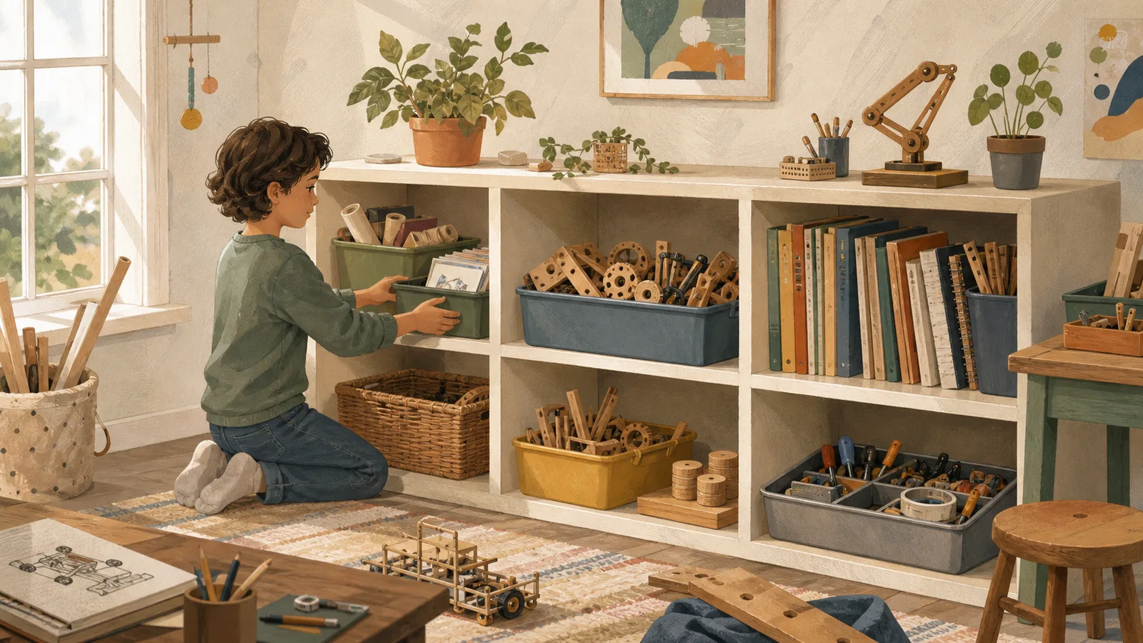 An older child reorganizes a shelf into construction parts, books, project tools, and a repair tray