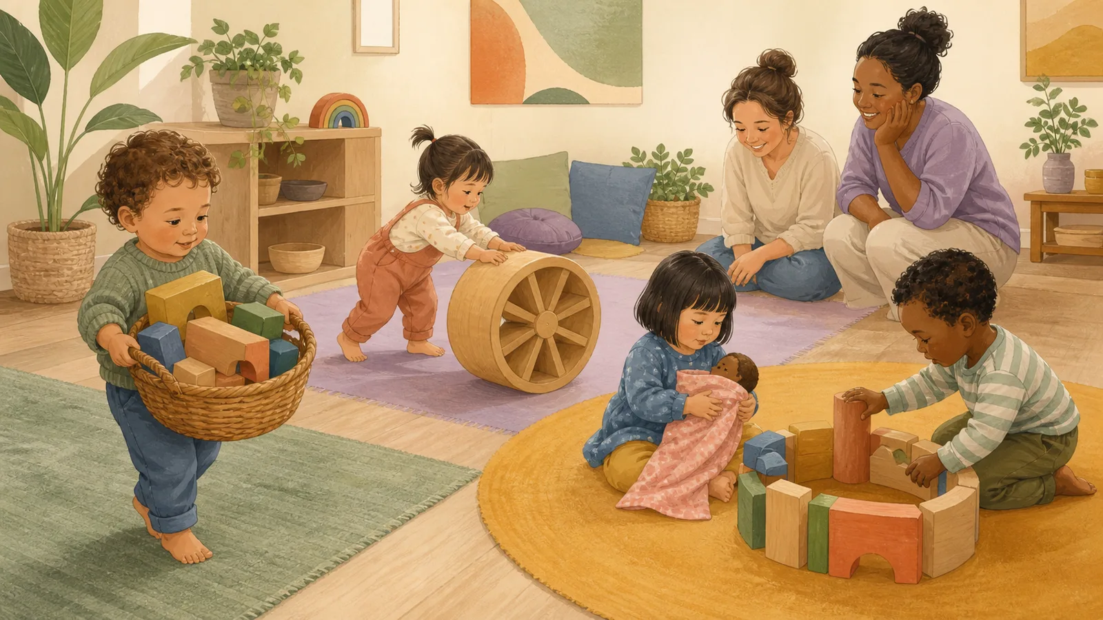 Toddlers repeat carrying, rolling, wrapping, and enclosing actions with large safe play materials