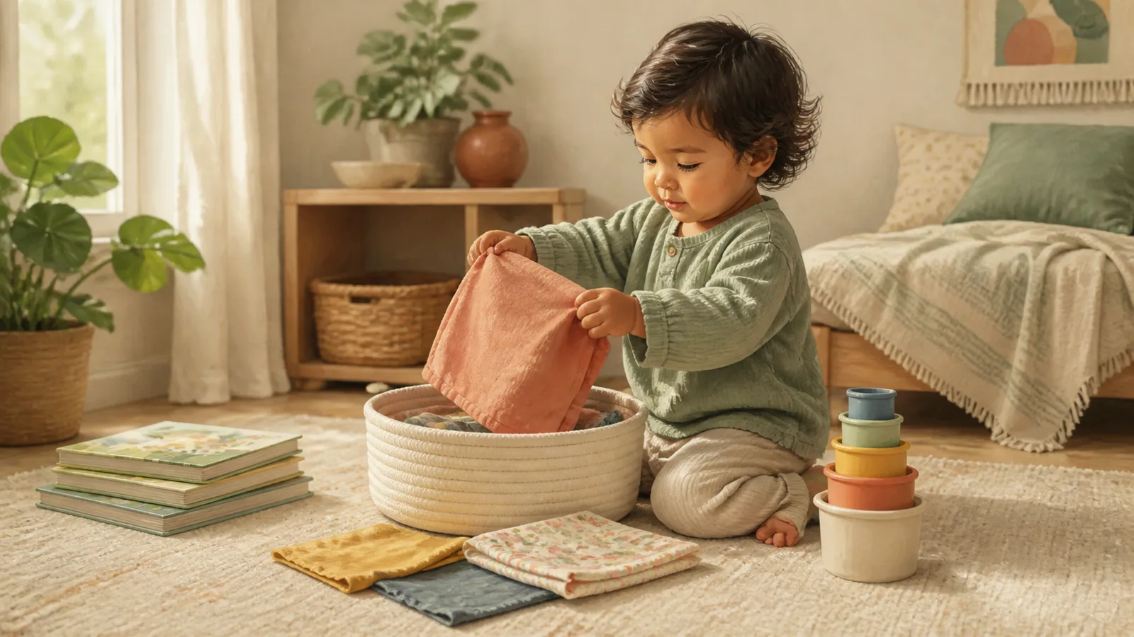 A young toddler quietly places large fabric squares into a wide basket beside board books and nesting cups
