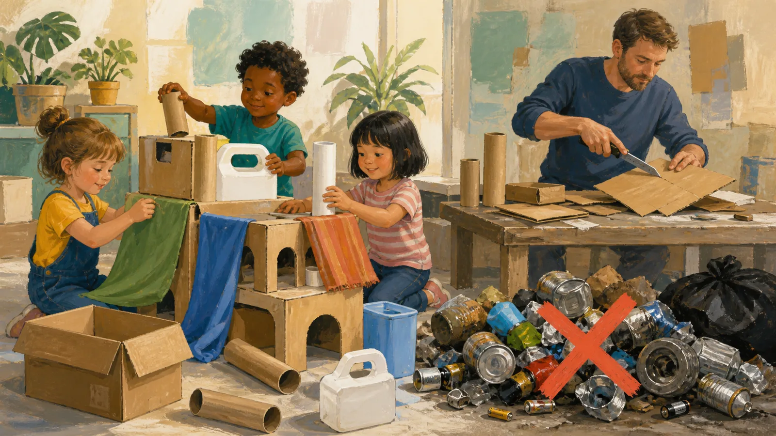 Clean cardboard tubes, boxes, paper, tape, and child-safe making tools arranged on a table