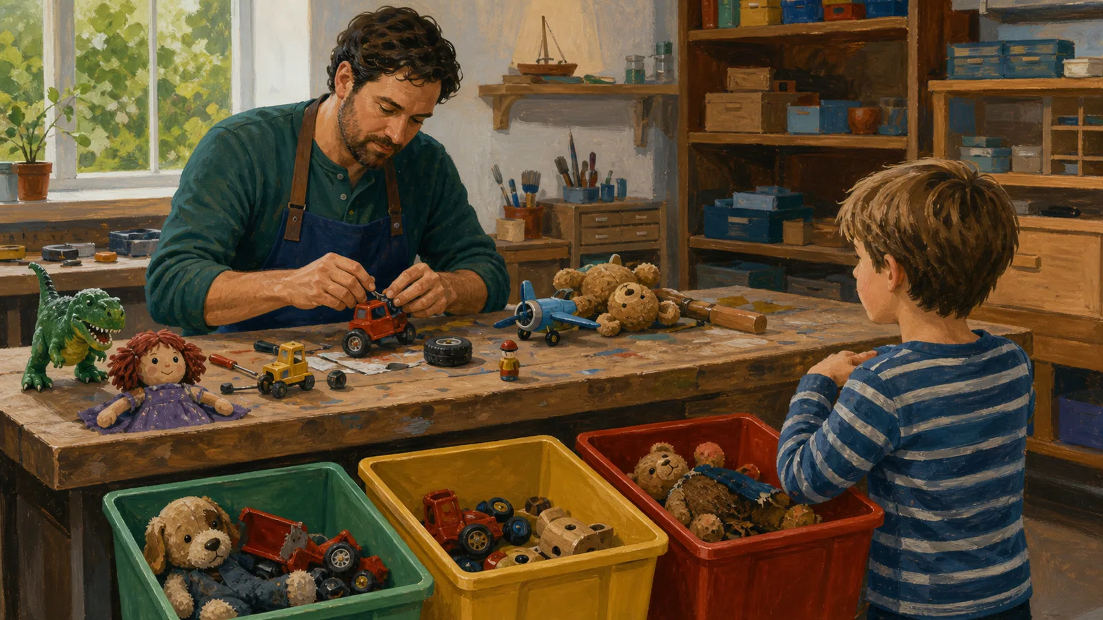 An adult examines a loose wheel on a wooden toy at a tidy repair table
