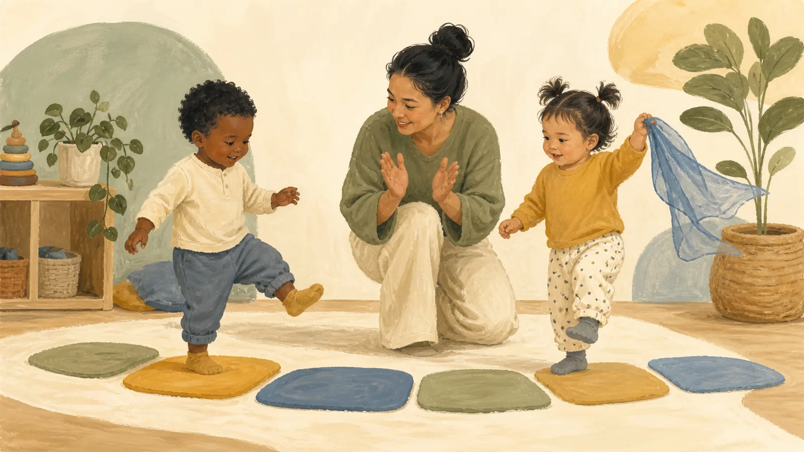 Two toddlers and a caregiver clap, march, follow a stepping path, and move a scarf in a clear play area