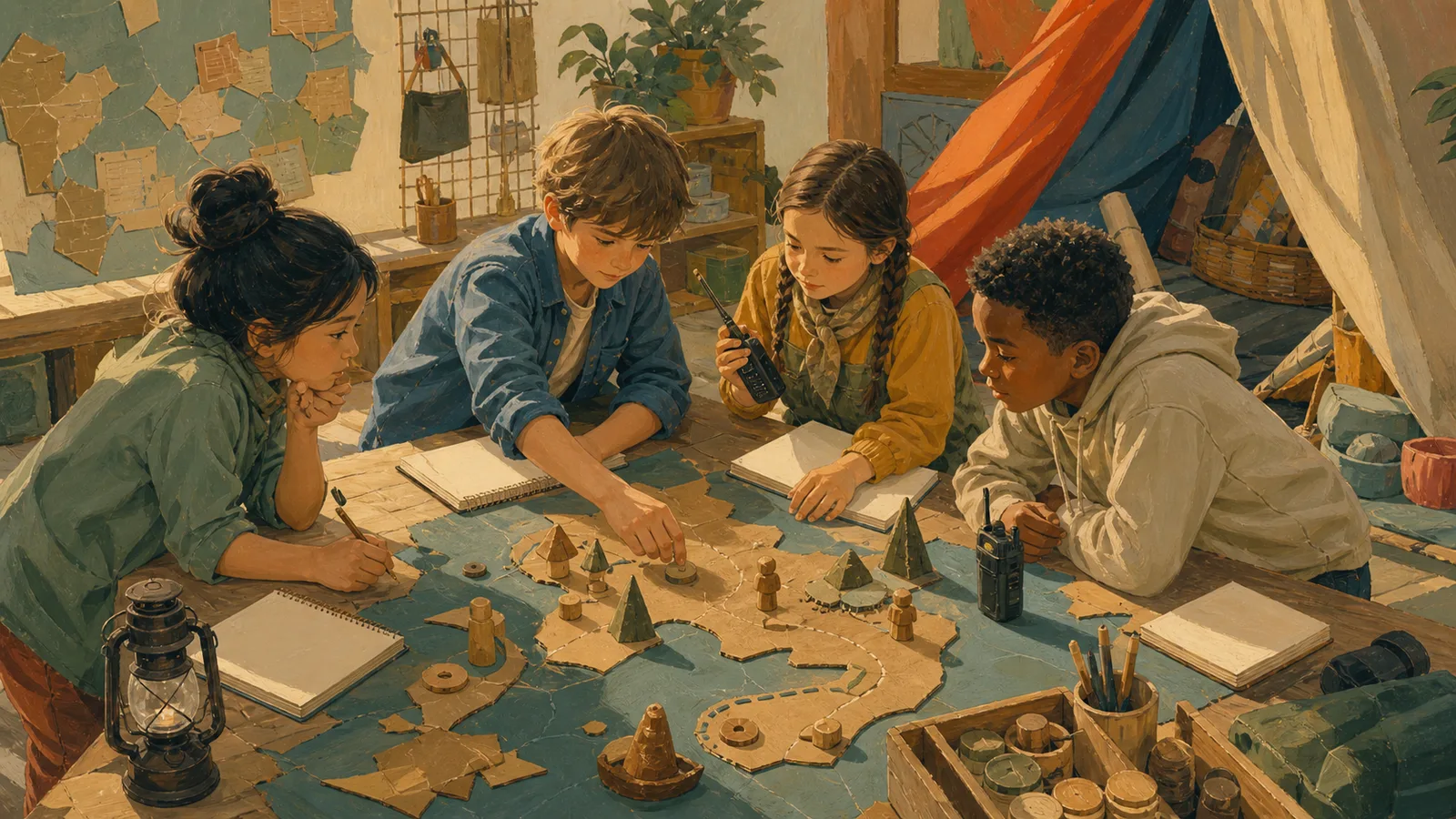 Older children plan an imaginary expedition with a fabric shelter, wooden tokens, maps, notebooks, and radio props