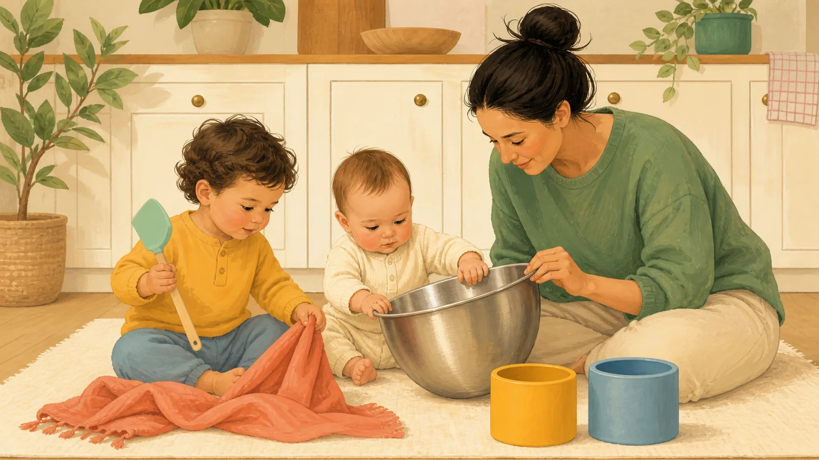 A caregiver supervises a baby and toddler exploring a large metal bowl, cloth, silicone utensil, and nesting cups