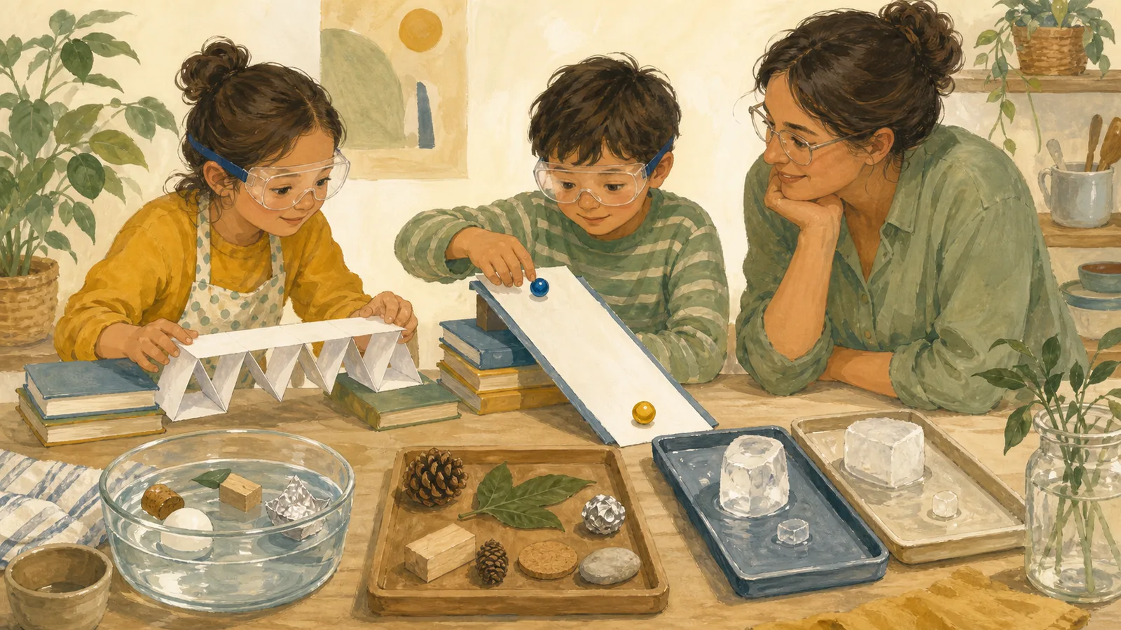 Children compare paper bridges, ball ramps, floating objects, and melting ice at a supervised household science table