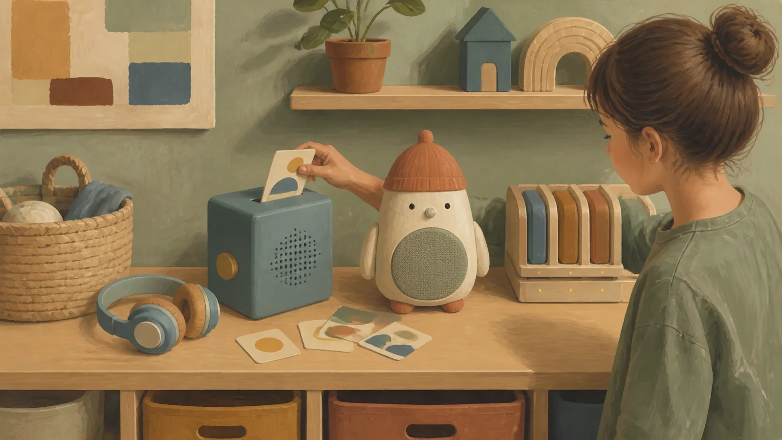 Conceptual unbranded card and figurine audio players with headphones, a storage basket, and an older child choosing audio