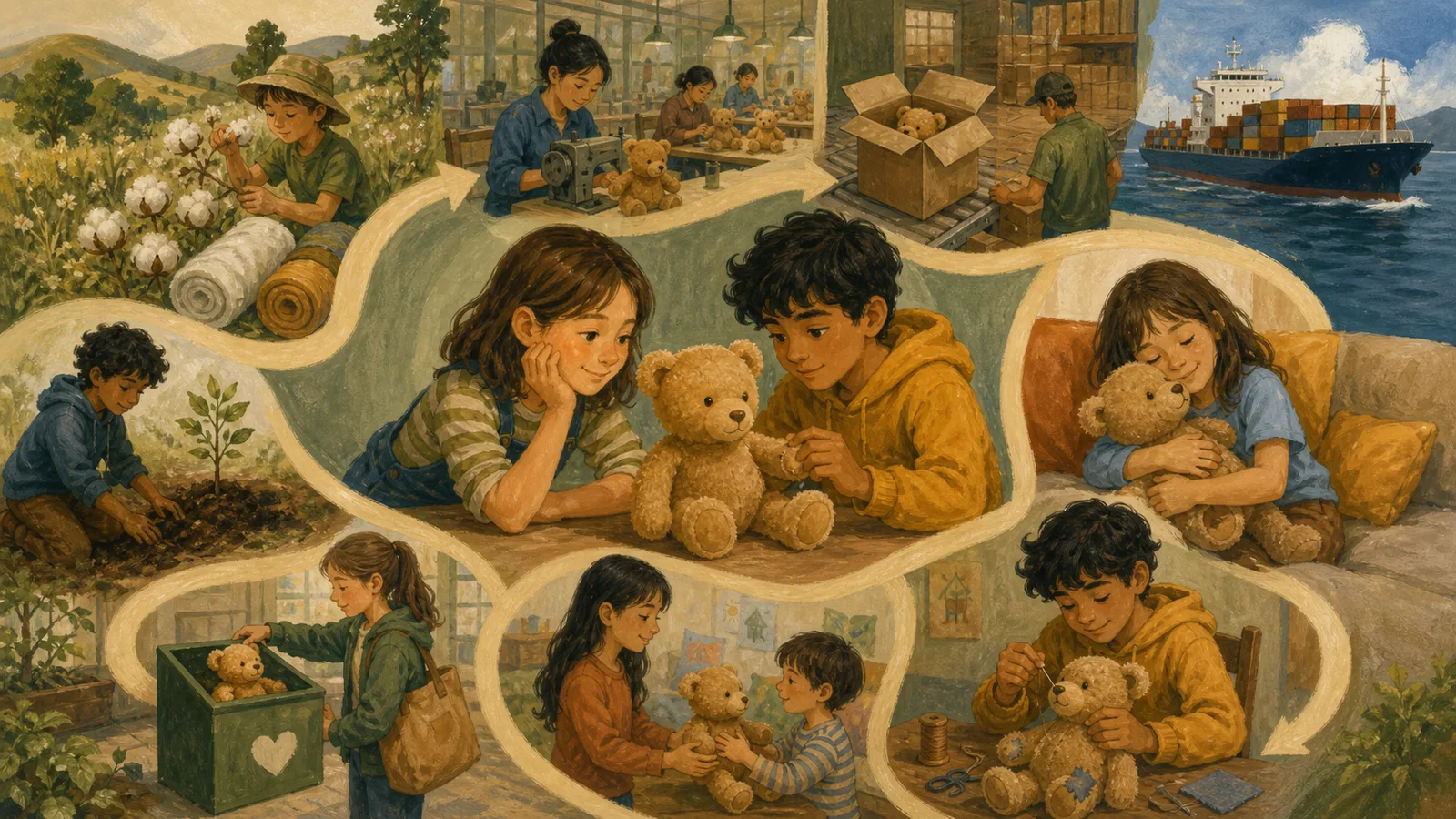 An older child maps toy materials, a repair, packaging, and reuse as parts of one life cycle