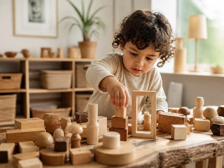 Children combining blocks, fabric, and animal figures in an open-ended play scene