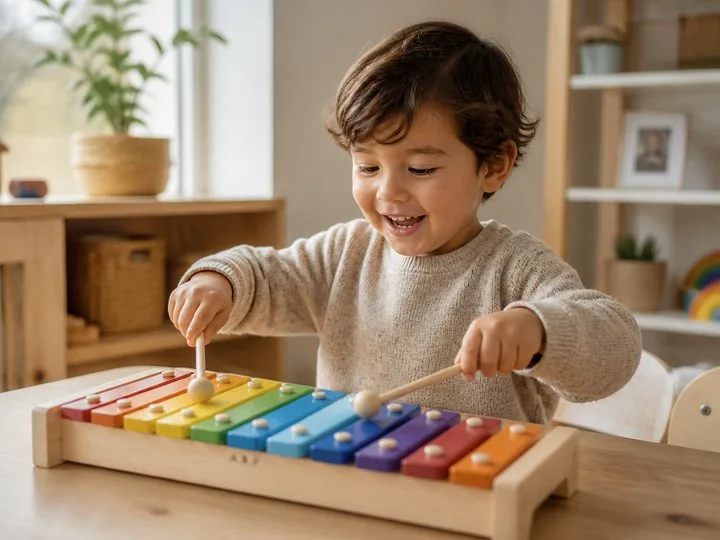 Preschool children making rhythms with simple shakers and scarves