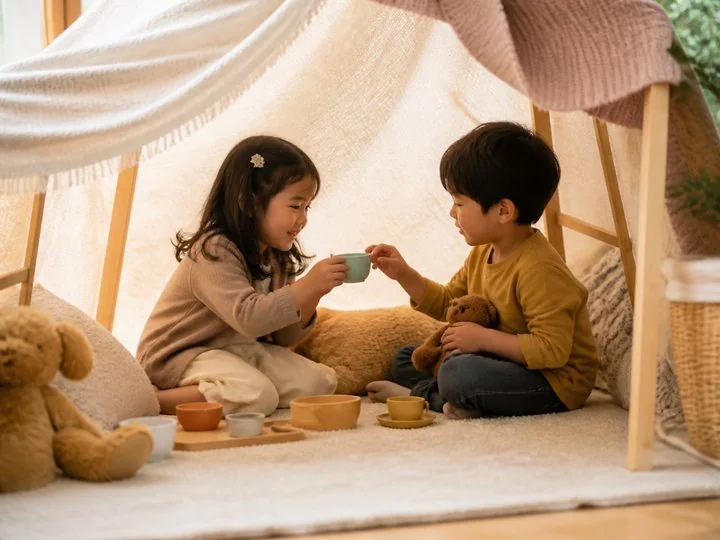 Children using cardboard boxes and fabric to create an indoor pretend world