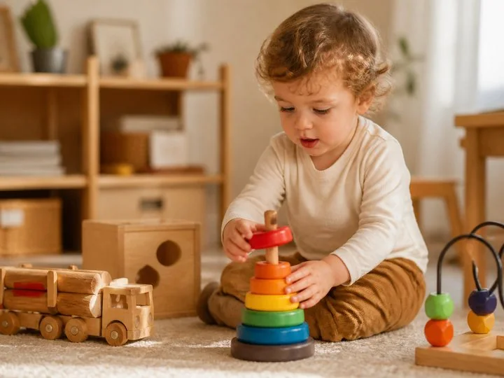 A toddler stacking a colorful wooden ring toy in a warm playroom