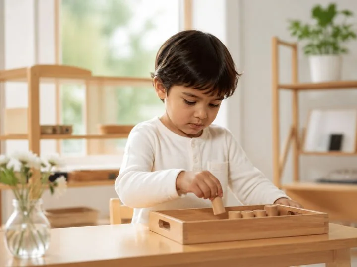A child independently completing a wooden fine-motor activity