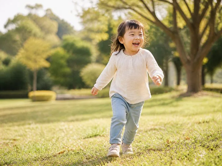 Children exploring a park path in layered clothing through changing seasons