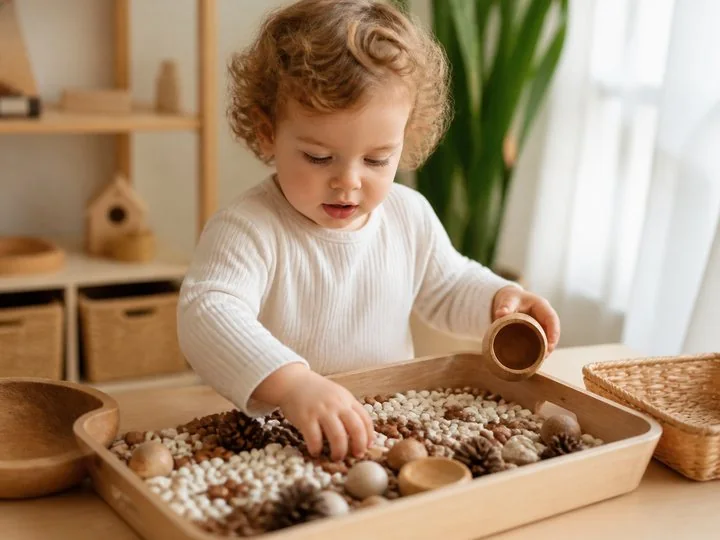 A toddler exploring smooth wooden objects and soft sensory materials